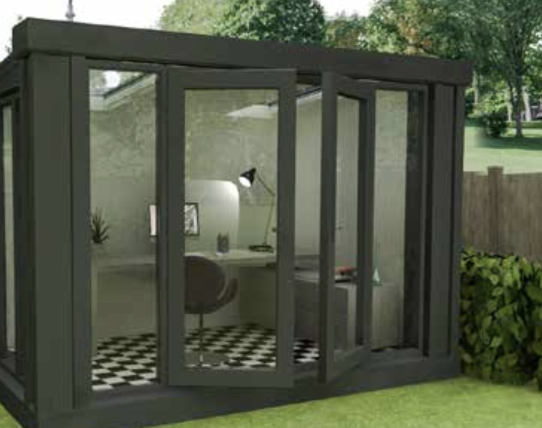 The Studio Garden Room — contemporary reverse lean-to with anthracite columns
