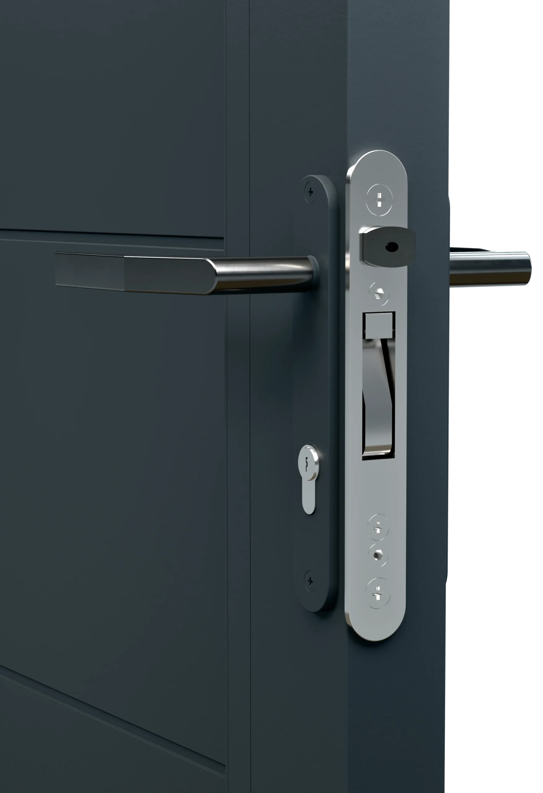 Stainless steel lock and powder-coated lever handle close-up