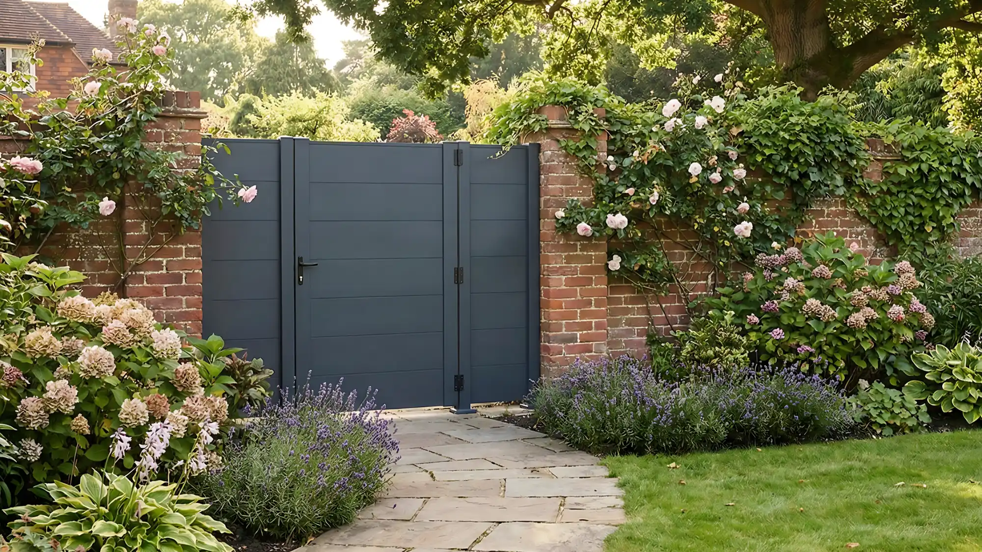 Anthracite aluminium gate fitted in landscaped garden