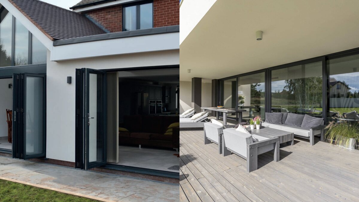 Bi-fold doors open onto a patio on the left, a sliding patio door on the right