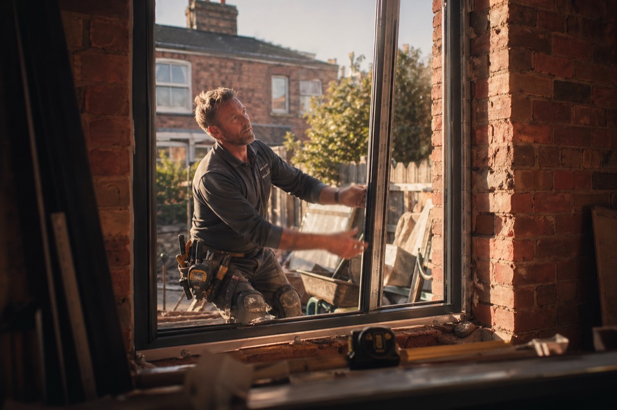 A tradesman on site fitting windows supplied by a trade-only supplier